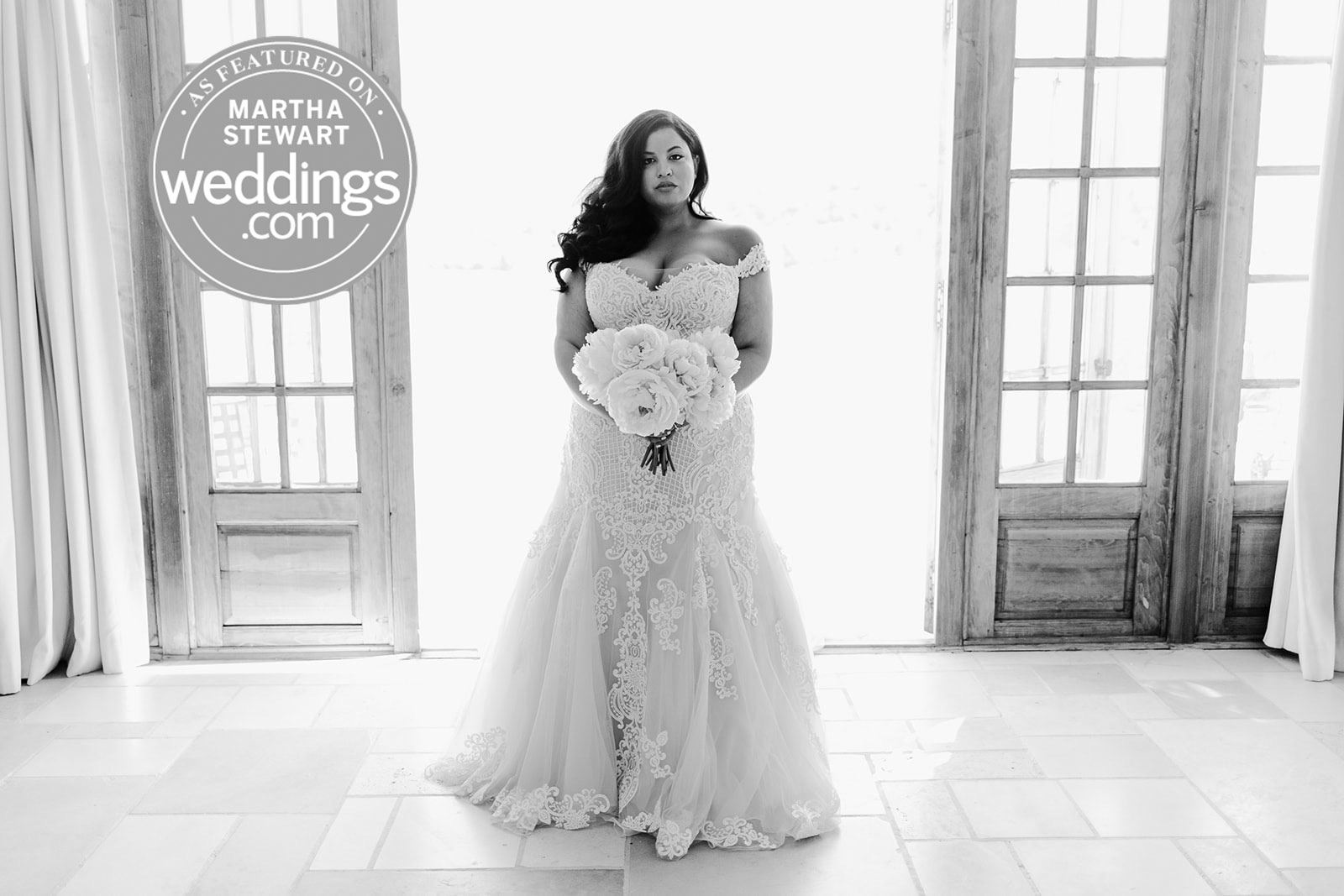 Bride in white wedding dress. Grayscale