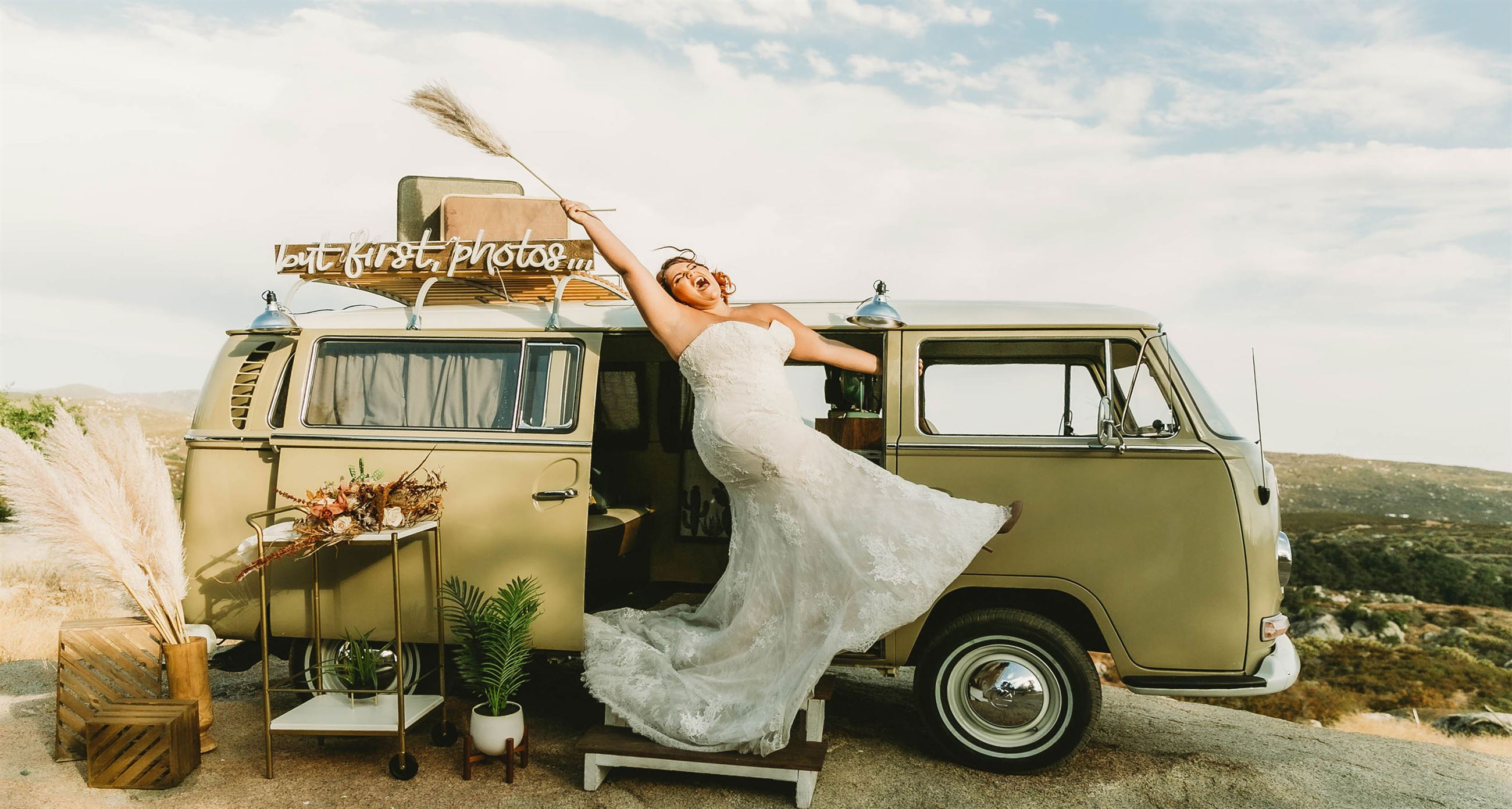 Plus Size Bride Wearing A Wedding Dress On Top Of A Van. Desktop Image.